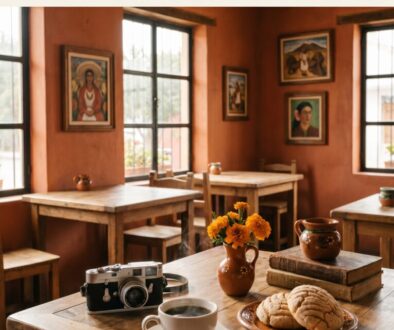 Mesa bohemia mexicana con café, pan dulce, cámara vintage, libros antiguos, flores y cerámica de barro en un café cultural.