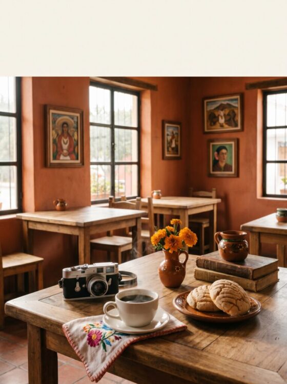 Mesa bohemia mexicana con café, pan dulce, cámara vintage, libros antiguos, flores y cerámica de barro en un café cultural.
